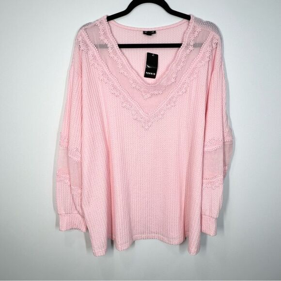 NWT Torrid Waffle VNeck Long Sleeve Mesh Insert  Sweatshirt Almond Blossom 2X - Picture 2 of 12